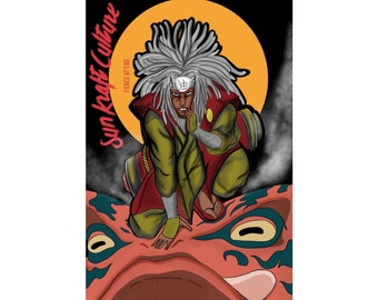 Poster vertical mat Afro Jiraiya - Impression d'art mural anime tendance inspirée des samouraïs afro et de Naruto