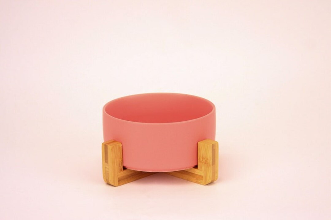 Matte Pink Modern Ceramic Dog Bowls on Wooden Stands Pink Dog Etsy