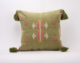 Eclectic Styled Green And Pink Hand Woven Pillow Cover With Tassels, Pillow Case, Decorative Pillow Cover, Throw Pillow, Home Decor