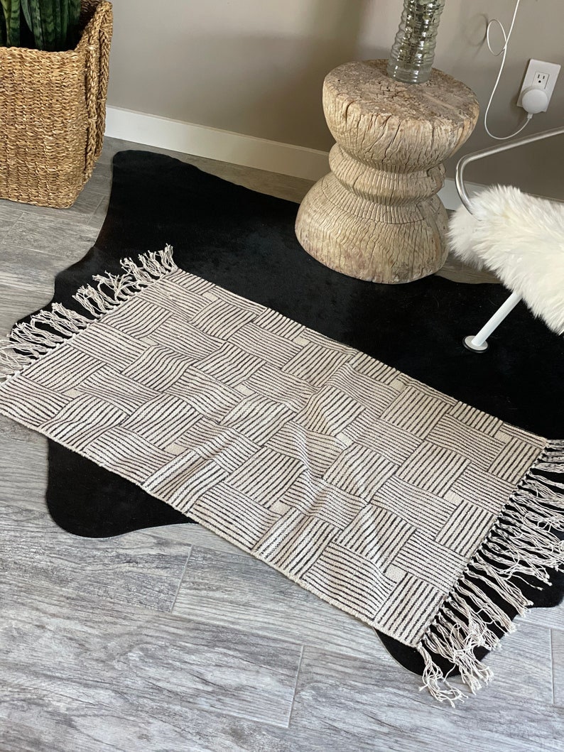 Beautiful Grey and Cream Hand Block Printed Small Area Rug, Square ...