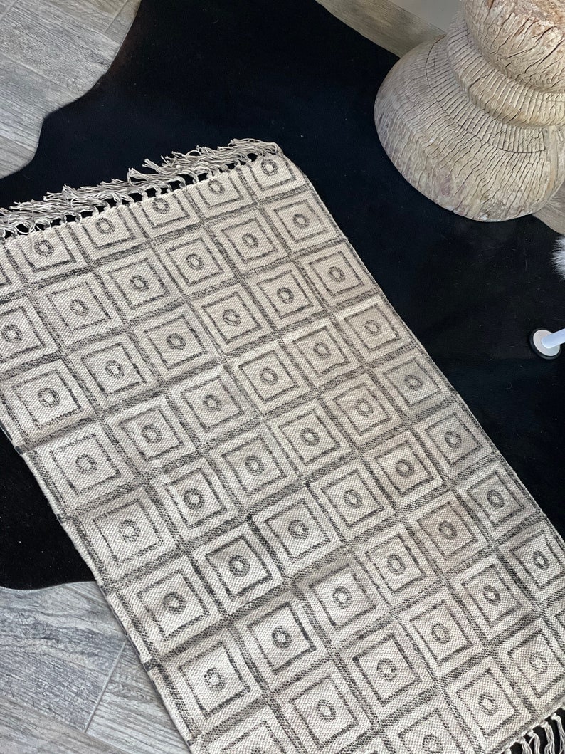 Beautiful Grey and Cream Hand Block Printed Small Area Rug, Square ...