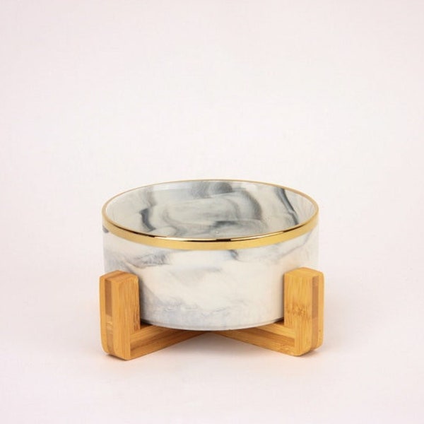 Grey Marble Ceramic Dog Bowl With Gold Rim And Wooden Stand, Marble Dog Bowl Set, Marble Dog Bowl Pair, Gold Dog Food Bowl