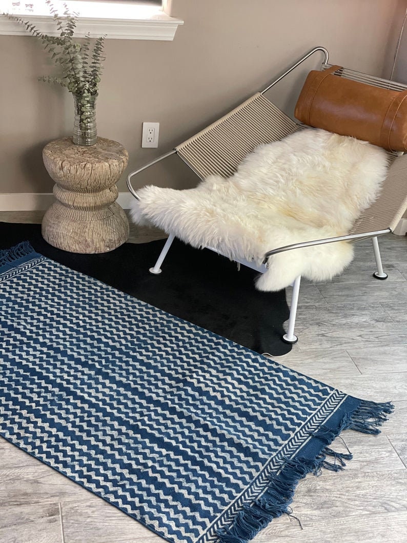 Indigo Blue Authentic Indian Hand Block Printed Rug, 100% Cotton, 34X60 ...
