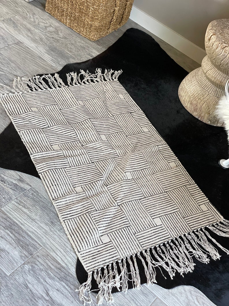 Beautiful Grey and Cream Hand Block Printed Small Area Rug, Square ...