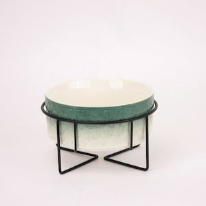 Ombré Green And White Ceramic Dog Bowls On Metal Stands, Modern Dog Feeder, Animal Food Bowls, Boho Pet, Glazed, Textured, Puppy, New