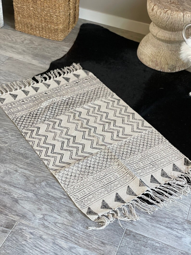 Beige and Black Hand Block Printed Authentic Indian Rug, 100% Cotton ...