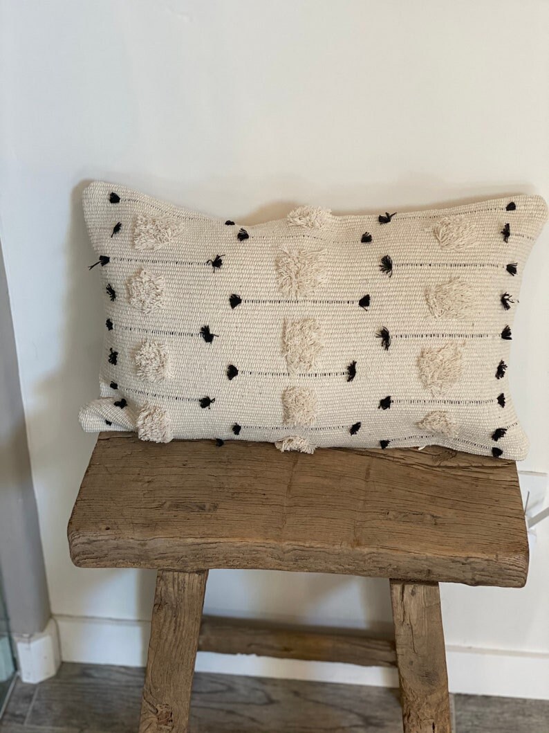 Black and Cream Boho Lumbar Pillow Cover, Bohemian Style Pillow Case, Decorative Pillow Cover