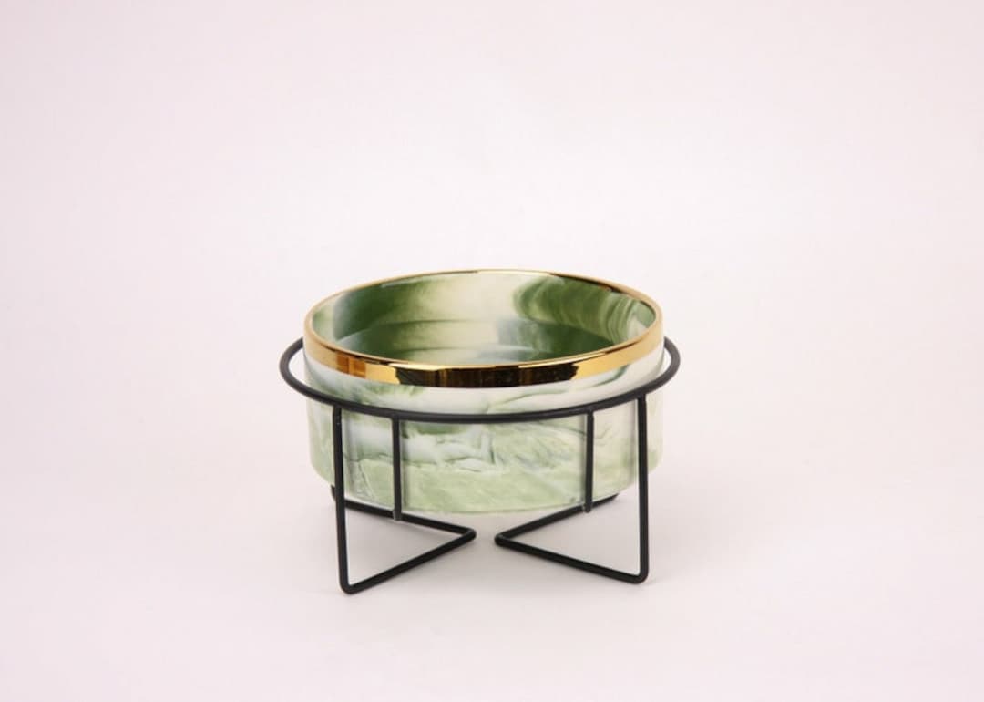 Green Marble Ceramic Dog Bowl W/ Gold Rim and Metal Stand, Marble Dog