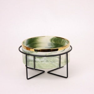 Green Marble Ceramic Dog Bowl W/ Gold Rim And Metal Stand, Marble Dog Bowls, Marble Dog Bowl Pair, Gold Dog Food Bowl