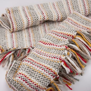 May include: A striped throw blanket with a fringe border in shades of gray, white, red, and yellow.