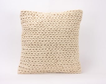 Boho Styled Hand Braided Cream Colored 18x18 Pillow Cover, Throw Pillow Case, Throw Pillow Cover, House Warming Gift, Home Decor