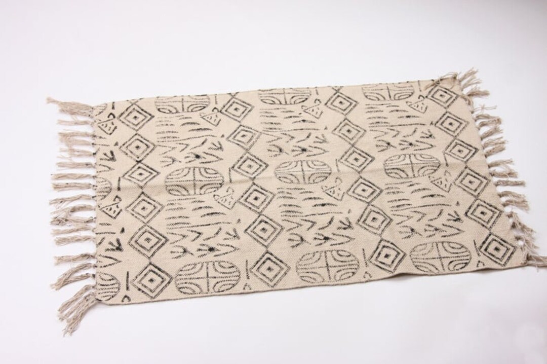 Beautiful Grey and Cream Hand Block Printed Small Area Rug, Square ...