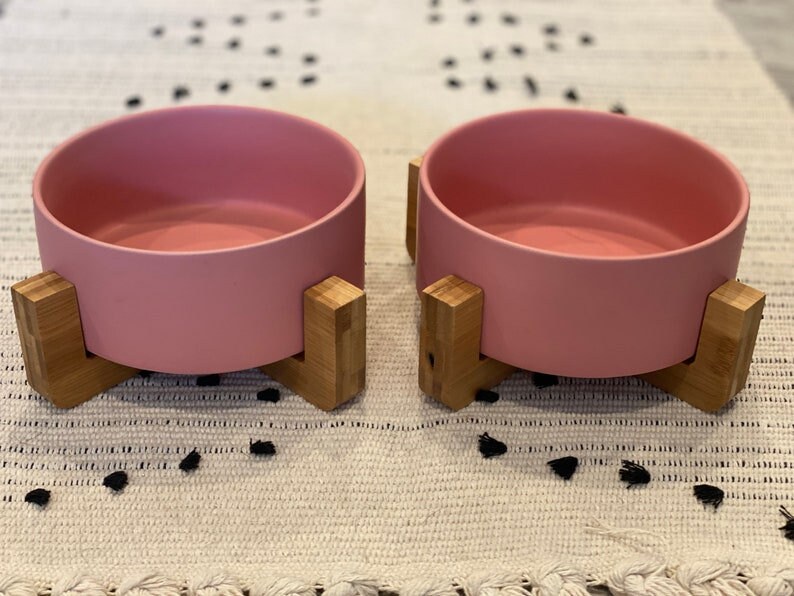 Matte Pink Modern Ceramic Dog Bowls on Wooden Stands Pink Dog Etsy