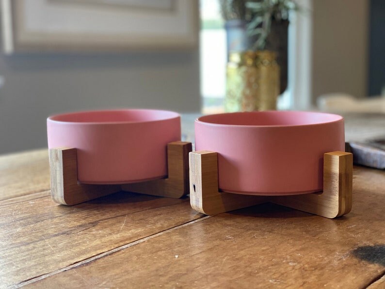 Matte Pink Modern Ceramic Dog Bowls on Wooden Stands Pink Dog Etsy