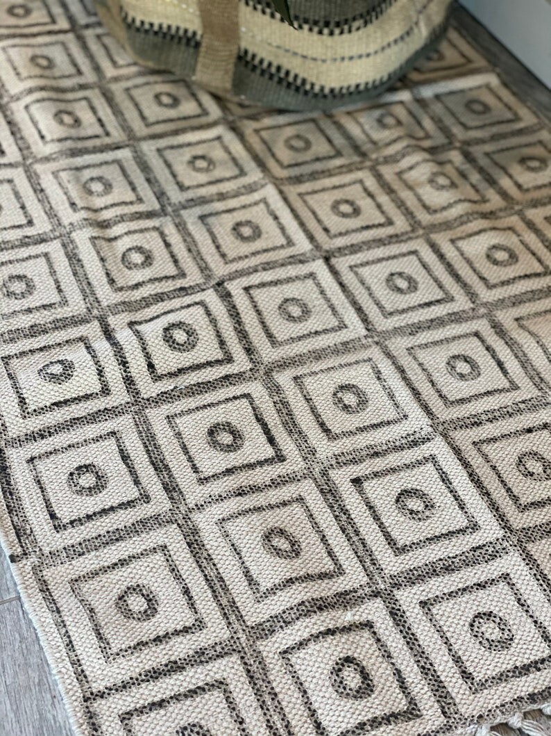 Beautiful Grey and Cream Hand Block Printed Small Area Rug, Square ...