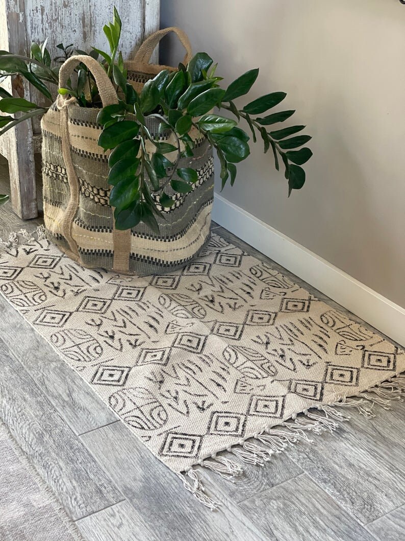 Beautiful Grey and Cream Hand Block Printed Small Area Rug, Square ...