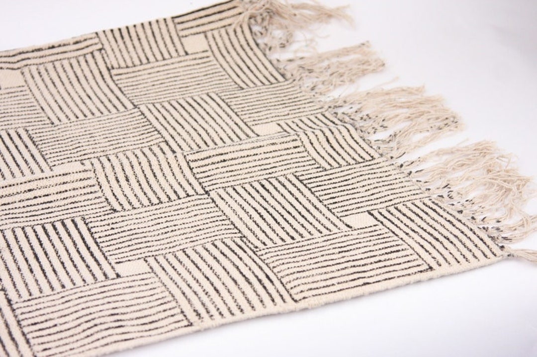 Beautiful Grey and Cream Hand Block Printed Small Area Rug, Square ...