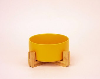 Modern Yellow Ceramic Dog Bowls with Wooden Stand, Matte golden, marigold colored pet bowls, dog accessories, puppy bowls