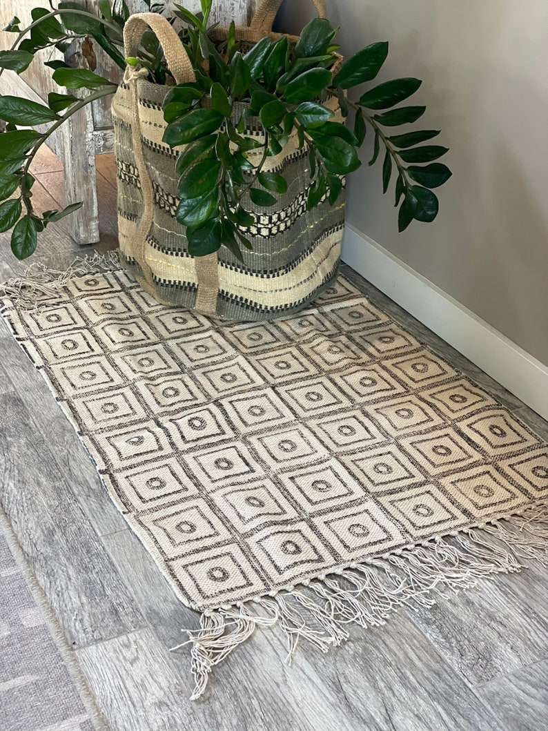 Beautiful Grey and Cream Hand Block Printed Small Area Rug, Square ...