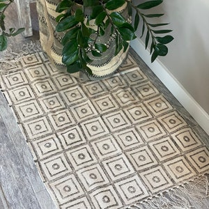 Beautiful Grey and Cream Hand Block Printed Small Area Rug, Square ...