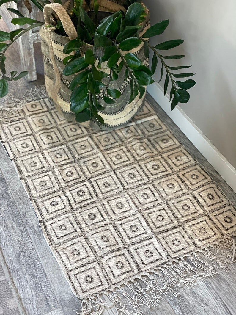 Beautiful Grey and Cream Hand Block Printed Small Area Rug, Square ...