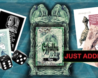 May include: An image of a Cthulhu-themed board game with cards, dice, and a central game box. The box is green and features the word "Cthulhu" and the word "Risen". The cards have illustrations and text. The words "Just Added!" are in a red banner.