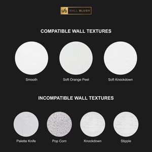 May include: A chart showing compatible and incompatible wall textures for wall blush. Compatible textures include smooth, soft orange peel, and soft knockdown. Incompatible textures include palette knife, popcorn, knockdown, and stipple.