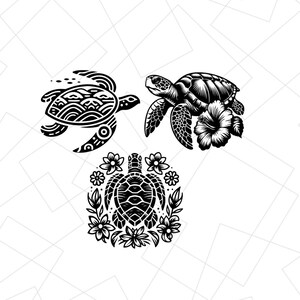 May include: Three black and white illustrations of sea turtles. One turtle is swimming with its head up, another is swimming with its head down, and the third is surrounded by flowers.