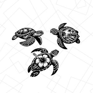 May include: Three black and white silhouette illustrations of sea turtles. One turtle has a tropical beach scene inside its shell. Another turtle has a hibiscus flower on its shell. The third turtle has a simple design.