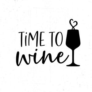 以下が含まれることがあります： 「Time to wine」というテキストと、ハートが乗ったワイングラスのシルエットが描かれた白黒のグラフィックデザインです。