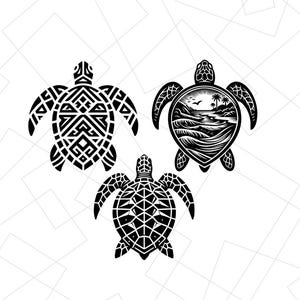 May include: Three black and white turtle silhouettes. One turtle has a geometric pattern, another has a beach scene inside its shell, and the third has a geometric pattern.