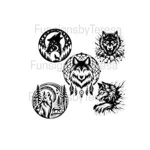 Wolf Designs SVG: 5 Wolf Graphics (Digital Download)