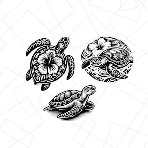 May include: Black and white illustrations of sea turtles. One turtle has a hibiscus flower design on its shell. Another is within a circular design with flowers. The third turtle is in a realistic pose.
