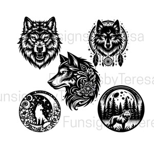 Wolf Designs SVG: 5 Wolf Cut Files (Digital Download)