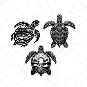 May include: Three black and white stylised illustrations of sea turtles. The first turtle has a wave design on its shell. The second turtle has a geometric design on its shell. The third turtle has a sunset and palm tree design on its shell.