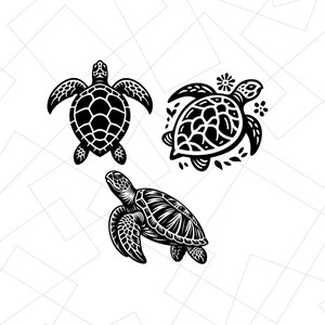 May include: Three black and white silhouette illustrations of sea turtles. The turtles are facing different directions and have different shell patterns.