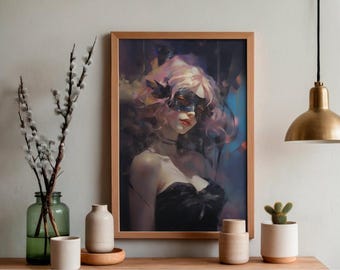 Masked Portrait Print – Dark Fantasy Woman, Ethereal Witchcore Wall Decor, Moody Surreal Portrait, Gothic Home Art 8.5x11