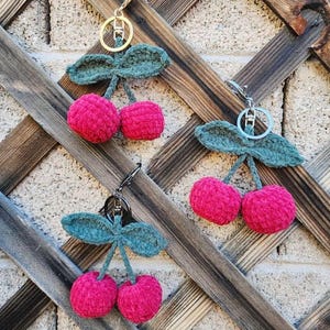 Crochet Red Cherry Keychain or Car Charm | Plush Chenille Yarn Fruit Decor | Cute Handmade Gift