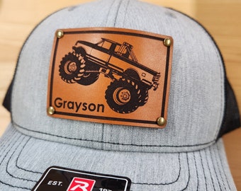Kids Monster Truck Hat personalized: Engraved Leather Patch Snapback