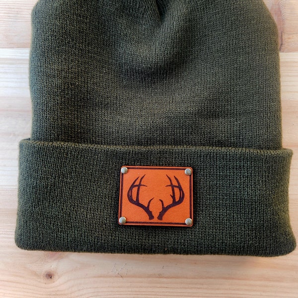 BEANIE HAT -ANTLERS hunting knit hat - Deer antlers engraved patch hats - Knit beanie Hunting hats - outdoor fun knit hats - gift for all