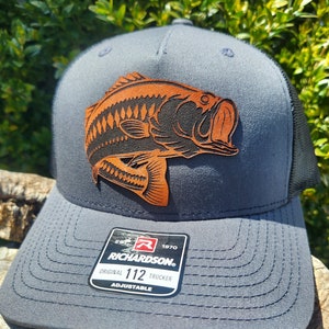 Large Mouth Bass Fishing Hat: Engraved Leather Patch Trucker Cap