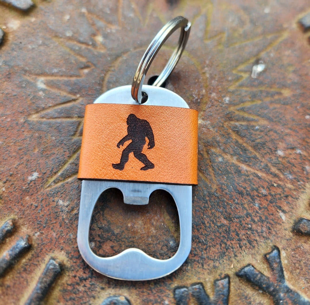 Big Foot Bottle Opener Leather Keychain sasquatch Stainless Steel Opener Engraved Leather