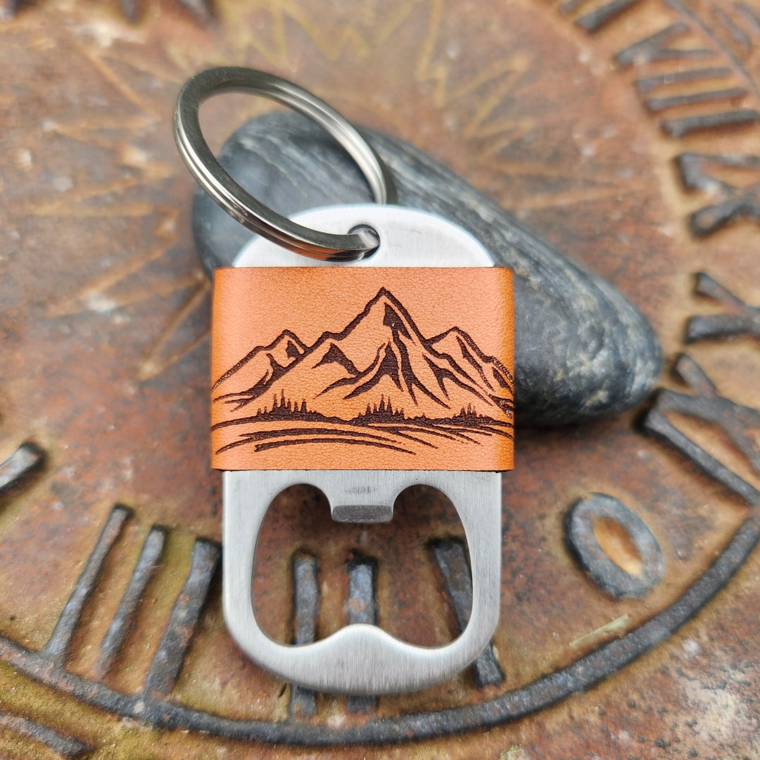 Mountain Bottle Opener Leather Keychain Hiking Stainless Steel Opener