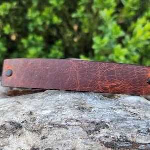 May include: A brown leather bracelet with a textured surface. The bracelet has a rectangular shape and is secured with two black rivets on each end. The background is blurred, with green foliage.