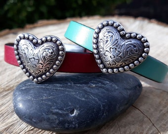 Heart Leather bracelet - southwest bling jewelry - cowgirl bracelet -heart jewelry - 3rd Anniversary leather gift - gift for her- valentine