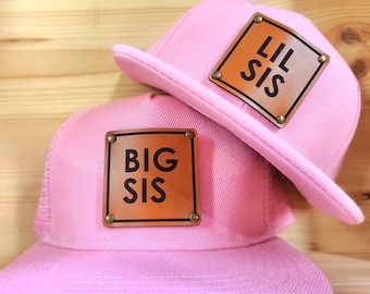 Big Sis Lil Sis Hats: Engraved Leather Patch, New Baby Announcement
