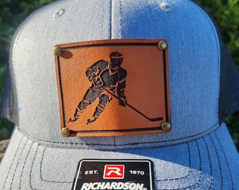 Hockey Player Leather Patch Hat: Laser Engraved Snapback