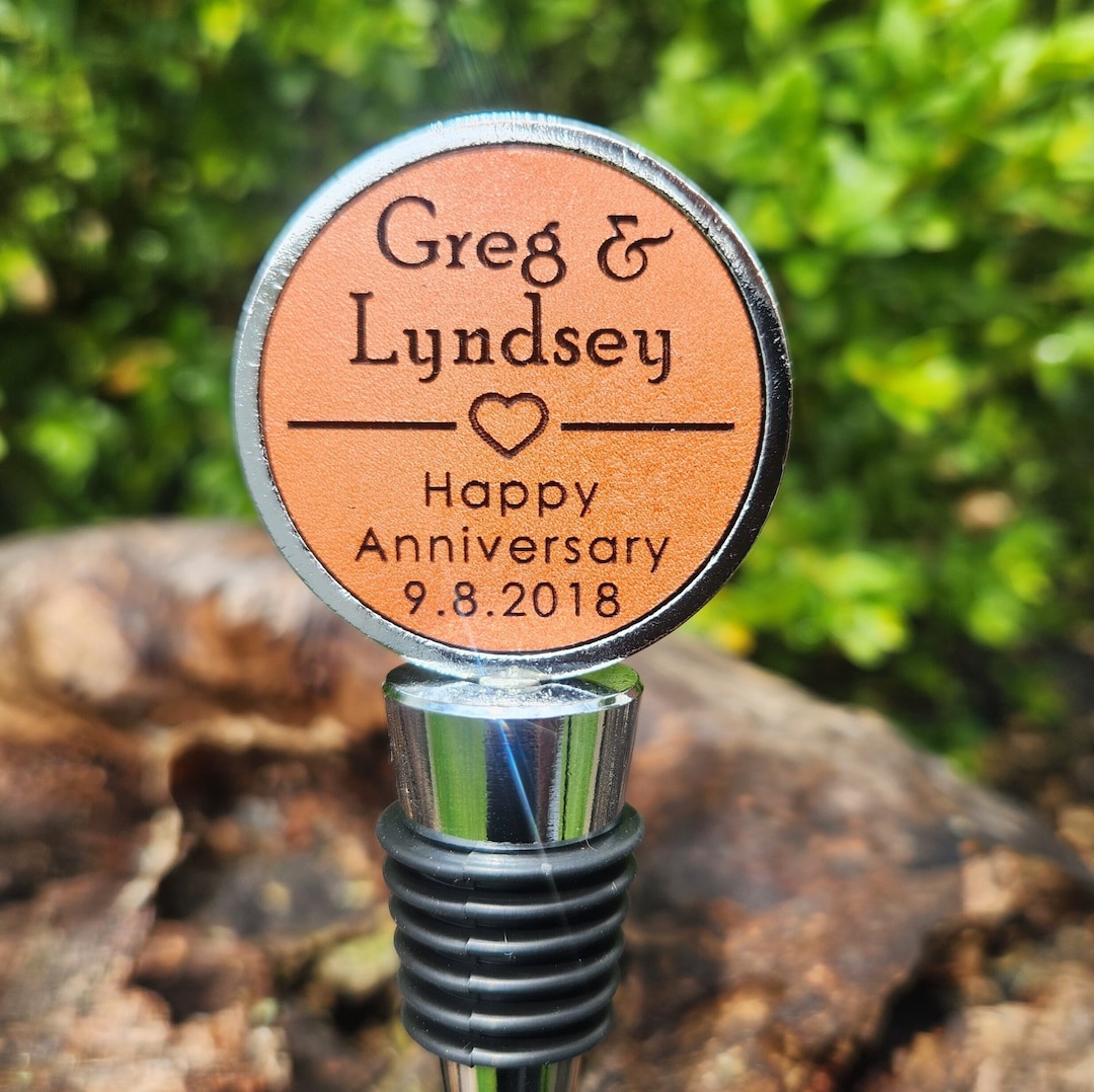 Personalized Anniversary Wine Bottle Stopper Wedding Date Gift Gift for Her Gift for Him Leather