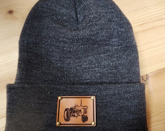 Vintage Tractor Knit Beanie with Engraved Leather Patch