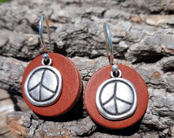 Peace Sign Leather Earrings - Leather dangle earrings - Lightweight Leather earrings - Hippie style jewelry - gift for her - Peace jewelry